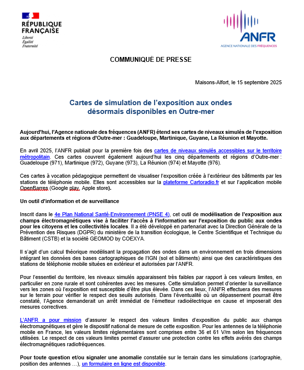 Aujourd’hui, l’Agence nationale des fréquences (ANFR) étend ses cartes de niveaux simulés de l’exposition aux départements et régions d’Outre-mer : Guadeloupe, Martinique, Guyane, La Réunion et Mayotte.

Pour en savoir plus 👉 anfr.fr/liste-actualit…