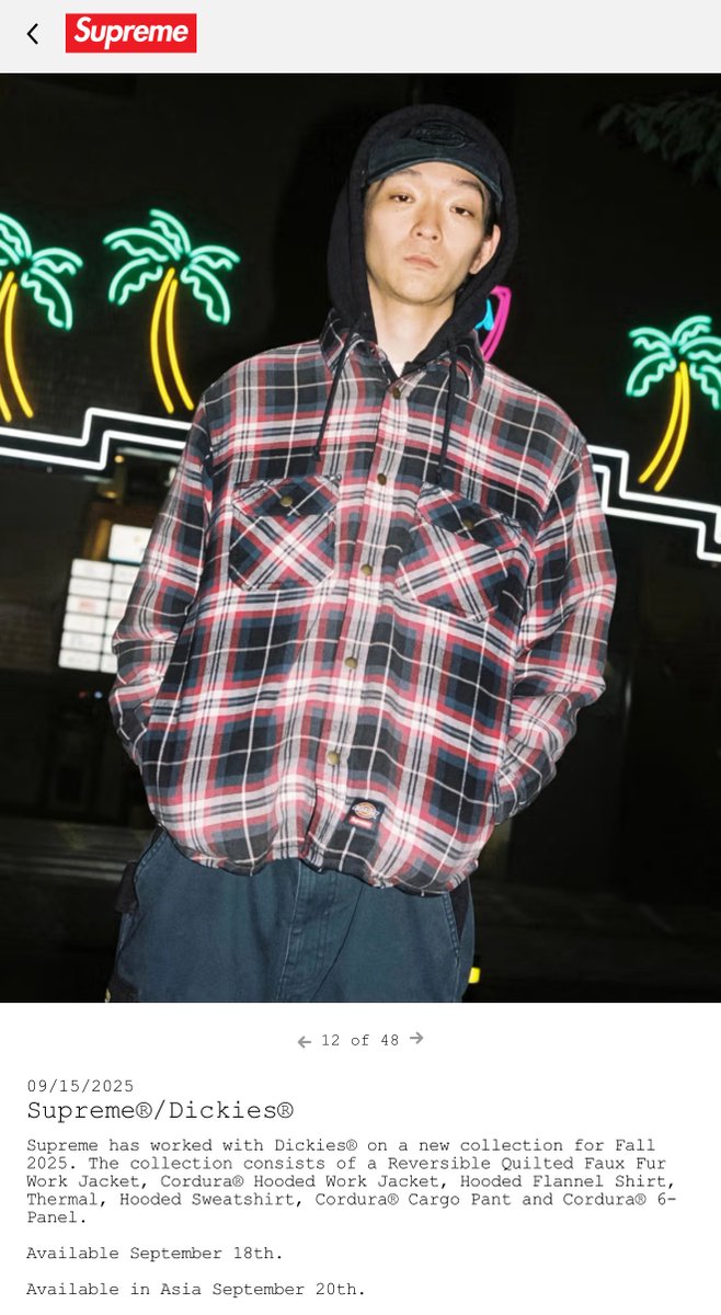 Supreme_X_Gratz's tweet image. Hooded Flannel Shirtの赤、いいやーん✨🥹✨
フード部分も生地厚めデザインしっかりしてそうだし裏地はキルトでフロントはボタン&amp;amp;ジップアップなのねぇ🧐
#Supreme
#2025FW
#week4
#Dickies®