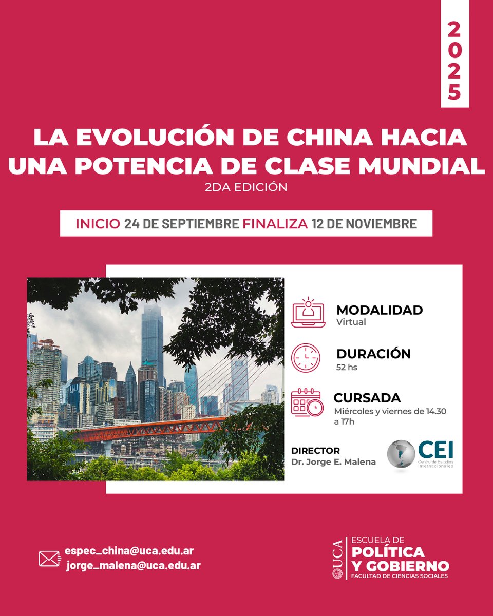 Dr Jorge E. Malena 马豪恩 博士 (@drjorgemalena) on Twitter photo 👋 Seguimos inscribiendo al curso sobre 🇨🇳 de la UCA!
💡 Modalidad: 100% virtual
📅 Clases inician el 24/9
👉 Info e inscripción en uca.edu.ar/es/cursos-de-e…
📝Consultas: espec_china@uca.edu.ar
📚 Comunidad UCA e instituciones con convenio: 20% de descuento
🌞Bienvenidos! 👋 Seguimos inscribiendo al curso sobre 🇨🇳 de la UCA!
💡 Modalidad: 100% virtual
📅 Clases inician el 24/9
👉 Info e inscripción en uca.edu.ar/es/cursos-de-e…
📝Consultas: espec_china@uca.edu.ar
📚 Comunidad UCA e instituciones con convenio: 20% de descuento
🌞Bienvenidos!