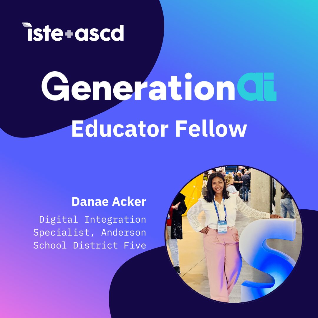 DanaeAcker's tweet photo. I’m honored to be a #GenerationAI Educator Fellow with @ISTEOfficial and @ASCD! We will be going deep into the work of transforming education as we consider the role AI plays in this process. Learn more about this project and join the movement: https://t.co/R34gYEsLnK. https://t.co/ztvTUcgK5m