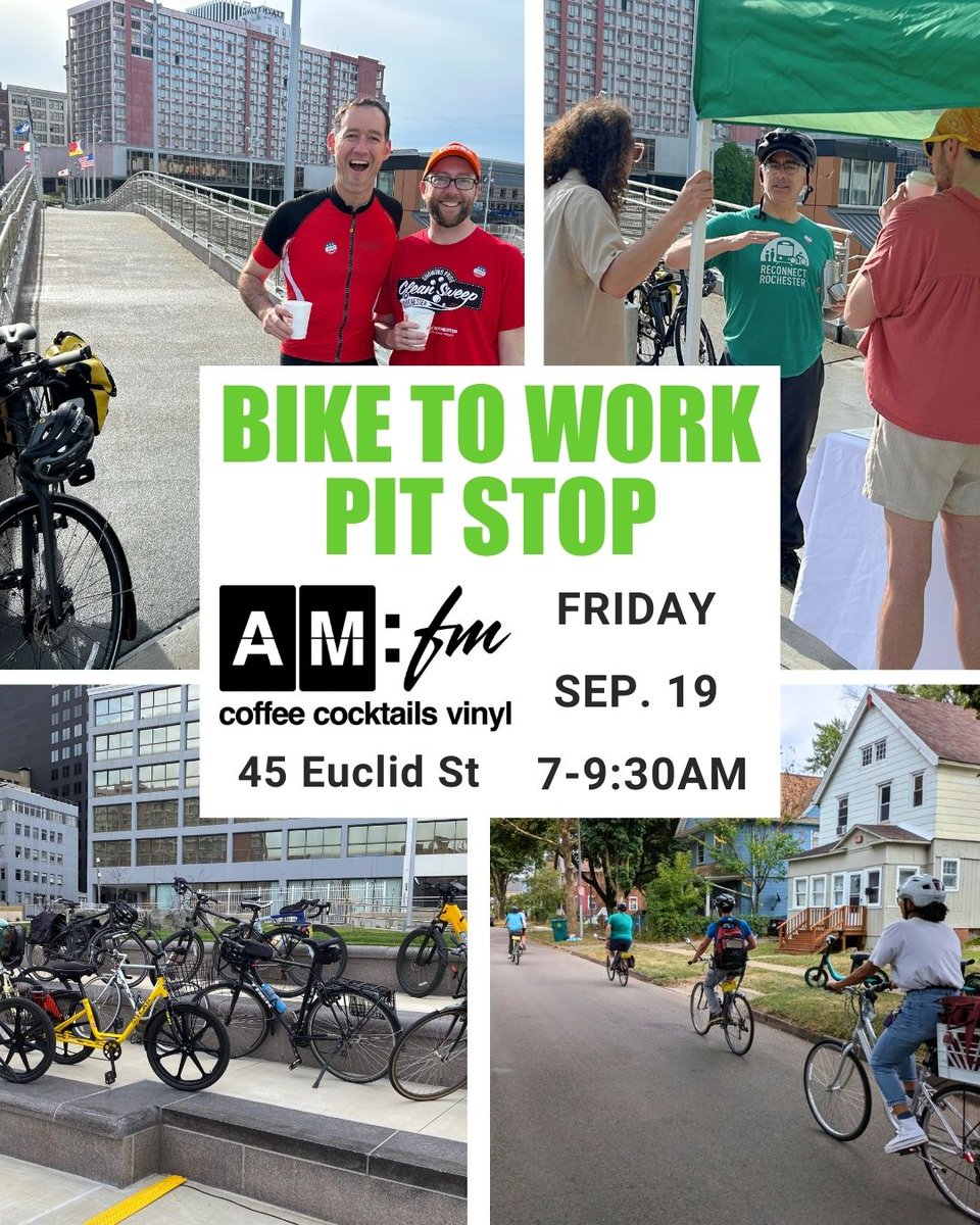 Friday is the Fall edition of Bike to Work Day! Who's going to give it a shot? If you'll be anywhere near downtown, swing by AM:FM Coffee (45 Euclid St) anytime between 7-9:30am. Fuel up, talk biking w our team, &amp; celebrate bike commuting with us. #RochesterNY <a href="/CityRochesterNY/">City of Rochester NY</a>