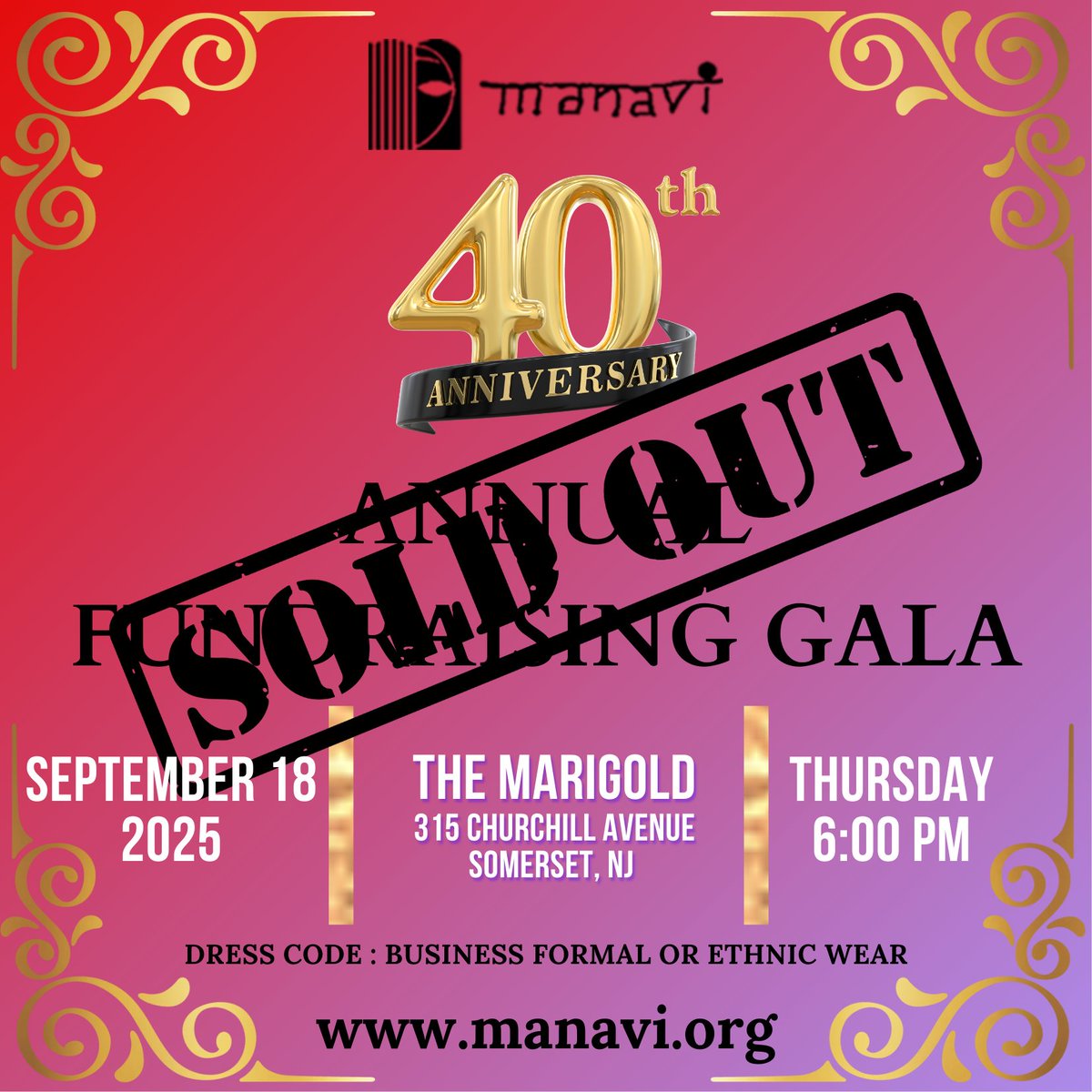 We are very excited to announce that all tickets to the Manavi 40th Anniversary Gala 2025 have been SOLD OUT!!! We have closed ticket sales.Thank you to everyone who purchased tickets/sponsorships and also to those who donated. Our work would not be possible without your support.