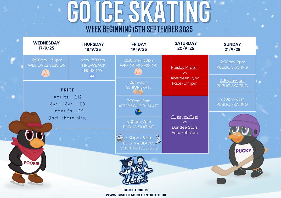 ❄️ 𝑶𝒖𝒓 𝑾𝒆𝒆𝒌𝒍𝒚 𝑺𝒌𝒂𝒕𝒊𝒏𝒈 𝑻𝒊𝒎𝒆𝒕𝒂𝒃𝒍𝒆 𝑰𝒔 𝑯𝒆𝒓𝒆 ❄️

Grab your skates, gather your family &amp; friends, and join us at Braehead Ice Centre for an unforgettable time on the ice! ⛸️

🤠 Celebrate 𝐼𝑛𝑡𝑒𝑟𝑛𝑎𝑡𝑖𝑜𝑛𝑎𝑙 𝐶𝑜𝑢𝑛𝑡𝑟𝑦 𝑀𝑢𝑠𝑖𝑐 𝐷𝑎𝑦 with us