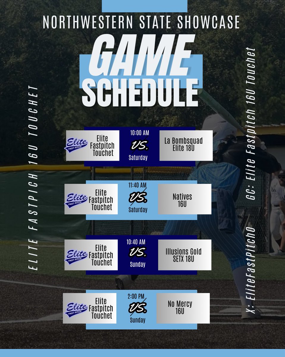 Ready to play at <a href="/NSUDemonsSB/">NSU Demons Softball</a> this weekend! Can’t wait to compete! #BeElite
 <a href="/CoachJenFuller/">Jenny Fuller</a> <a href="/CoachBradF/">Brad Fuller</a> <a href="/ChrisBartels20/">Chris Bartels</a>