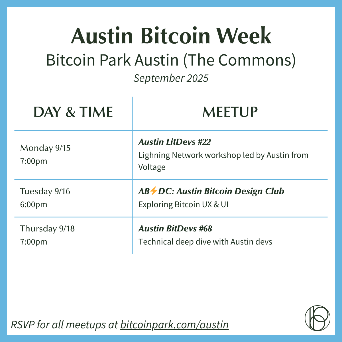 jacklesser_'s tweet photo. Austin, Texas! 

Join us tonight at @bitcoinpark_  Austin and throughout this week for our monthly meetups. 

Come to learn and connect 🤝.

Please RSVP: https://t.co/dhE7P7UFul https://t.co/3vUpFPEtNv