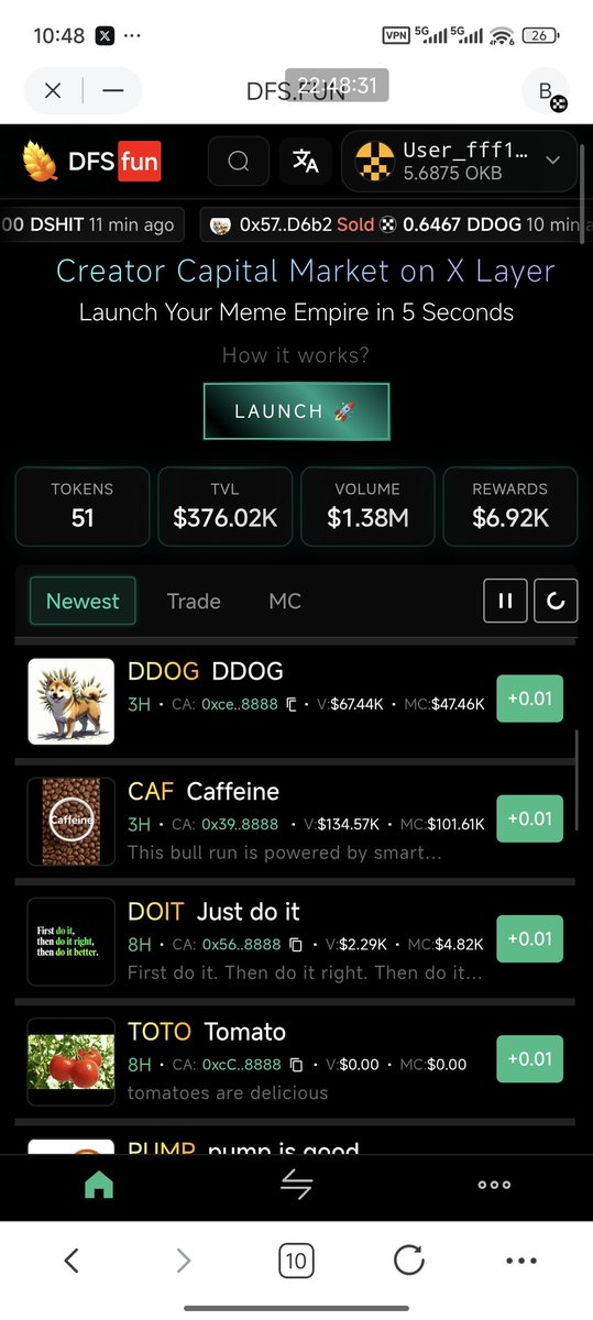dfs.fun 平台
第一个跑出来的 #caf

0x396a53e34b6c8ec446884bf6065ee74715cd8888

第一只狗 #DDOG
0xcede52dae43964eeb4da479417a1d7bc8c318888