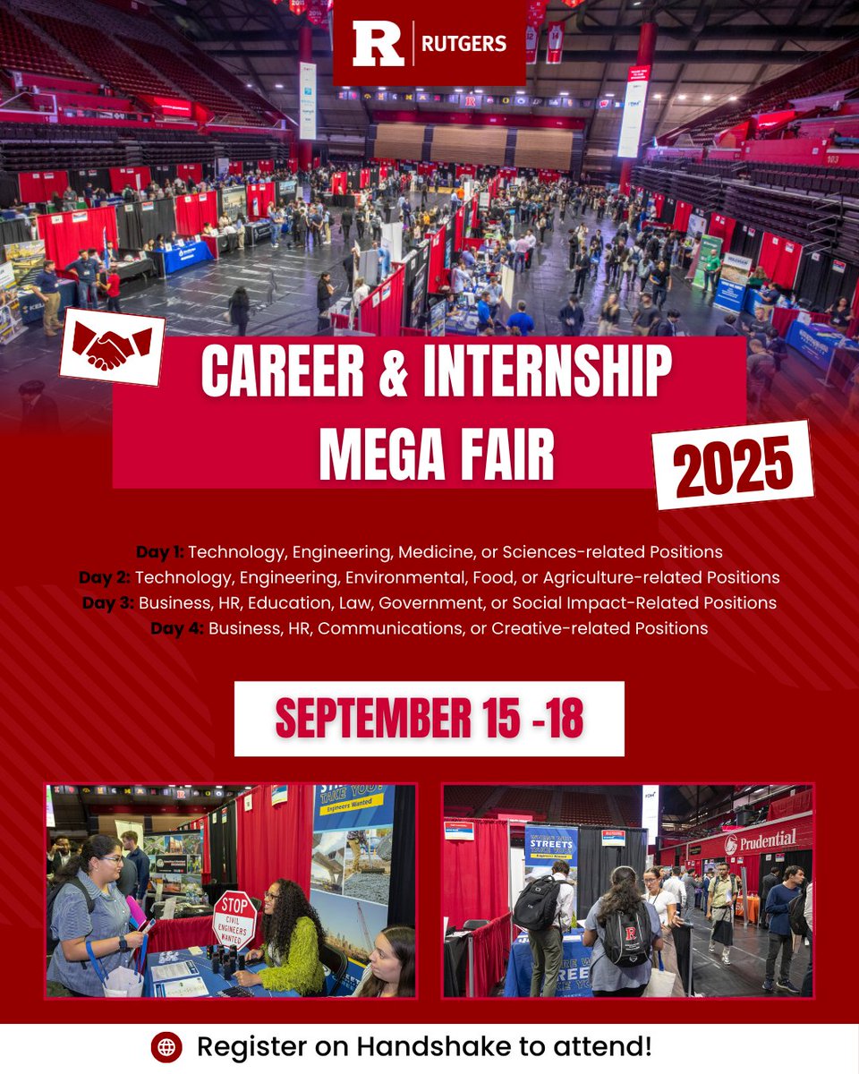 The Fall Career &amp; Internship Mega fair kicks off today at Jersey Mike's Arena!

The fair will run from 11:30am - 3:30pm September 15th - 18th at Jersey Mike's Arena. Check out more details and find the Handshake registration link on careers.rutgers.edu! 💯

#rutgers
