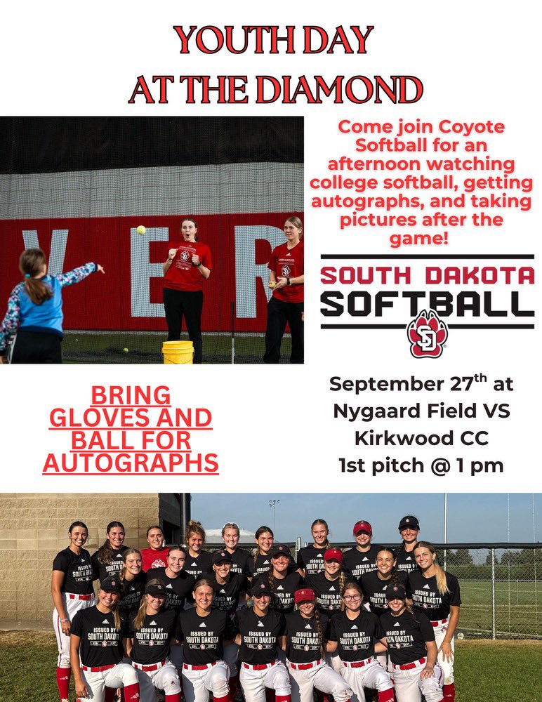 𝙁𝙪𝙩𝙪𝙧𝙚 𝘾𝙤𝙮𝙤𝙩𝙚𝙨‼️

1) Our FREE Sandlot Camp starts TONIGHT!!! Come for one Monday or come for all four! 🔗 : softball.goyotescamps.com/sandlot-camp.c… 

2) Youth Day at the 💎 is Sept 27! Mark your 🗓️! 

#GoYotes x #WeAreSouthDakota
