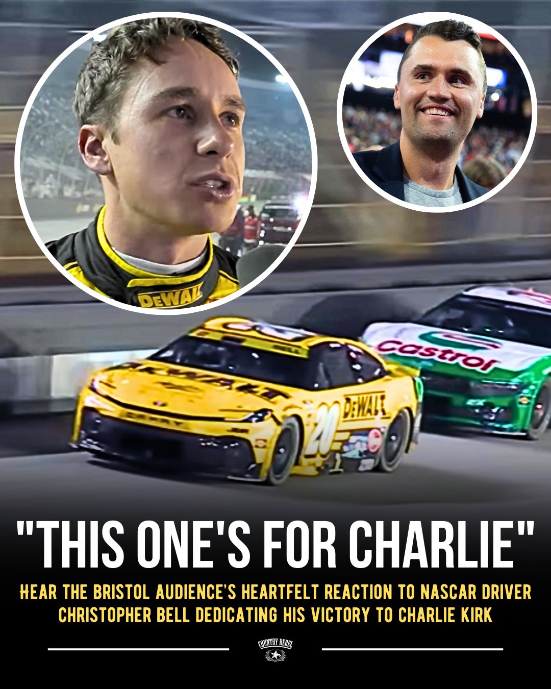Country Rebel on X: "Moments before claiming the checkered flag at Bristol,  NASCAR driver Christopher Bell dedicated his victory to the late  influential conservative Charlie Kirk, who was killed on Sept. 10.