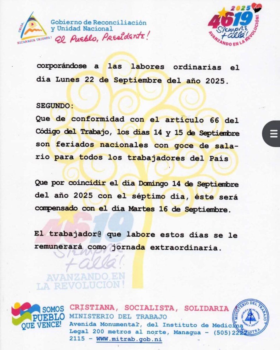 Trabajonica's tweet photo. Atención trabajadores de #Nicaragua, este es el comunicado del Ministerio del Trabajo para estas vacaciones patrias.

#TodosSanJacinto

@NicaraguaCuenta con @FNT_Nicaragua y @AnaGomez_UNE https://t.co/1syetwO2zP