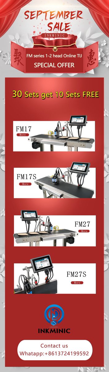 inkminic5's tweet image. Tij printer September special offer🙌🔥
30 sets get 10 sets free!!!
Welcome to contact Ella
WhatsApp: +86 137 2419 9592
#tij
#tijprinter
#inkjetprinter
#FM17
#FM17S
#FM27
#FM27S
#thermalinkjetprinter