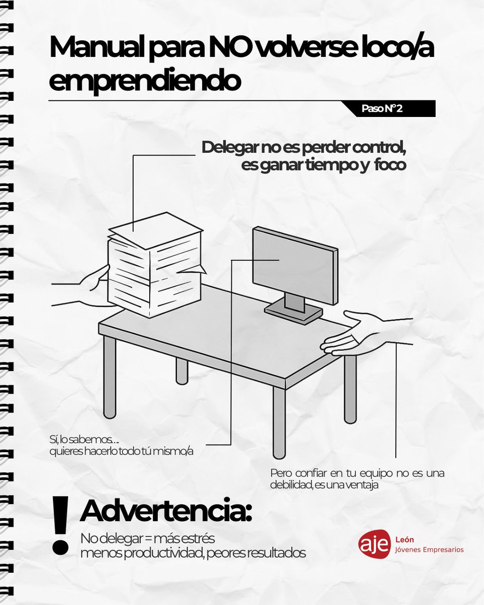 📖 Manual para NO volverse loco/a emprendiendo – Paso nº2

Delegar no es perder control, es ganar tiempo y foco.
Confiar en tu equipo no es debilidad, es ventaja.
⚠️ No delegar = más estrés, menos productividad, peores resultados.

#AJELeón #Emprender