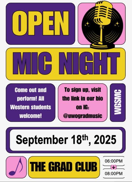 uwogradclub's tweet photo. Open Mic Night is coming up this Thursday September 18th! Sign up at the link below to perform, and come support your fellow grad students as they play and/or sing for us at the Grad Club! 

https://t.co/bnSf7yk9h1

#gradlifewesternu https://t.co/5Co6SVUK1B