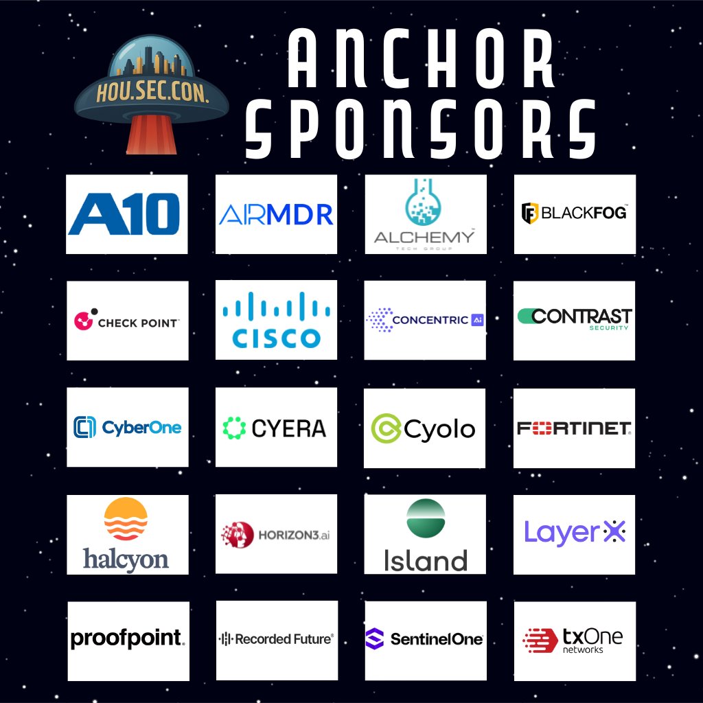 CybrSecCon's tweet image. Thank you to our Anchor Sponsors!

Today, September 15th, is the last day to sign up as a HOU.SEC.CON. 2025 Exhibitor. Reach out today to learn more about becoming an exhibitor: info@houstonseccon.com

#HOUSECCON #LearnandDefend #Cybersecurity #Community #Sponsor