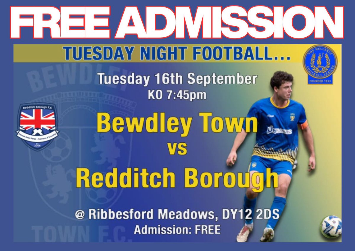 FREE GAME - To all local football fans , <a href="/BewdleyTownFC/">Bewdley Town FC</a> throw open the gates with free admission on Tuesday evening for the UHLSPORT Hellenic League Division One game v Redditch Borough FC at Ribbesford Meadows. ALL WELCOME kick off 19.45 <a href="/reddboroughfc/">Redditch Borough F.C.</a> <a href="/HellenicLeague/">Hellenic League</a>