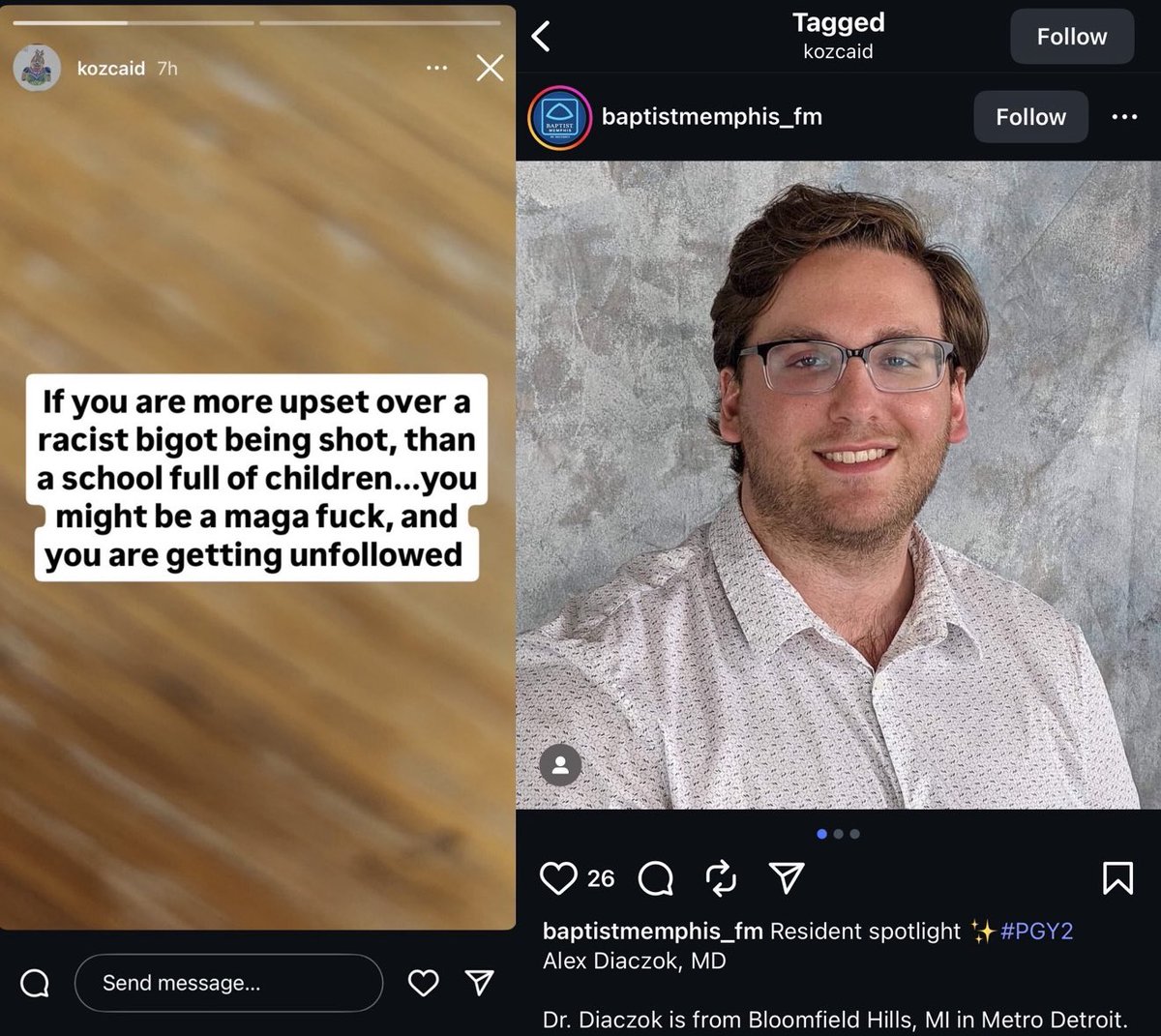 Anarseldain's tweet photo. Meet Alex, or Dr. Alexander Diaczok. He thinks that people mourning Charlie Kirk are “maga fucks.” He works for @AHNtoday. How can he be expected to provide medical care to people that he insults and belittles? How would the MAGA voters in West Mifflin feel? Let’s find out. https://t.co/2dKJXDE2AI