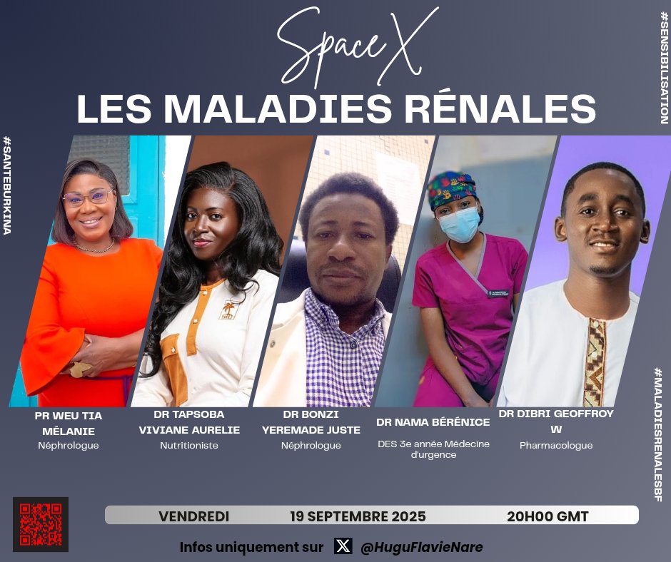 Pour ce 19/09/2025 à 20h GMT pour notre space sur les maladies rénales. Qui de mieux pour nous entretenir sur cette thématique que des professionnels du domaine.

Savez vous que «de la 27e cause de mortalité dans le monde il y a à peine 30 ans, elle est aujourd'hui la 11e cause»?