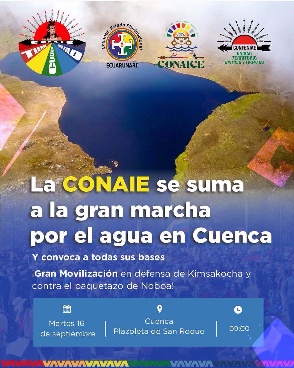 CONAIE_Ecuador's tweet image. ⭕ #ATENCION | La #CONAIE se suma a la Gran Marcha por el Agua en #Cuenca. Además, en los próximos días realizaremos un Consejo Ampliado Nacional para resolver acciones colectivas frente al paquetazo, el alza del diésel y el ajuste económico.

#EnUnidad #SubsidioAlDiésel