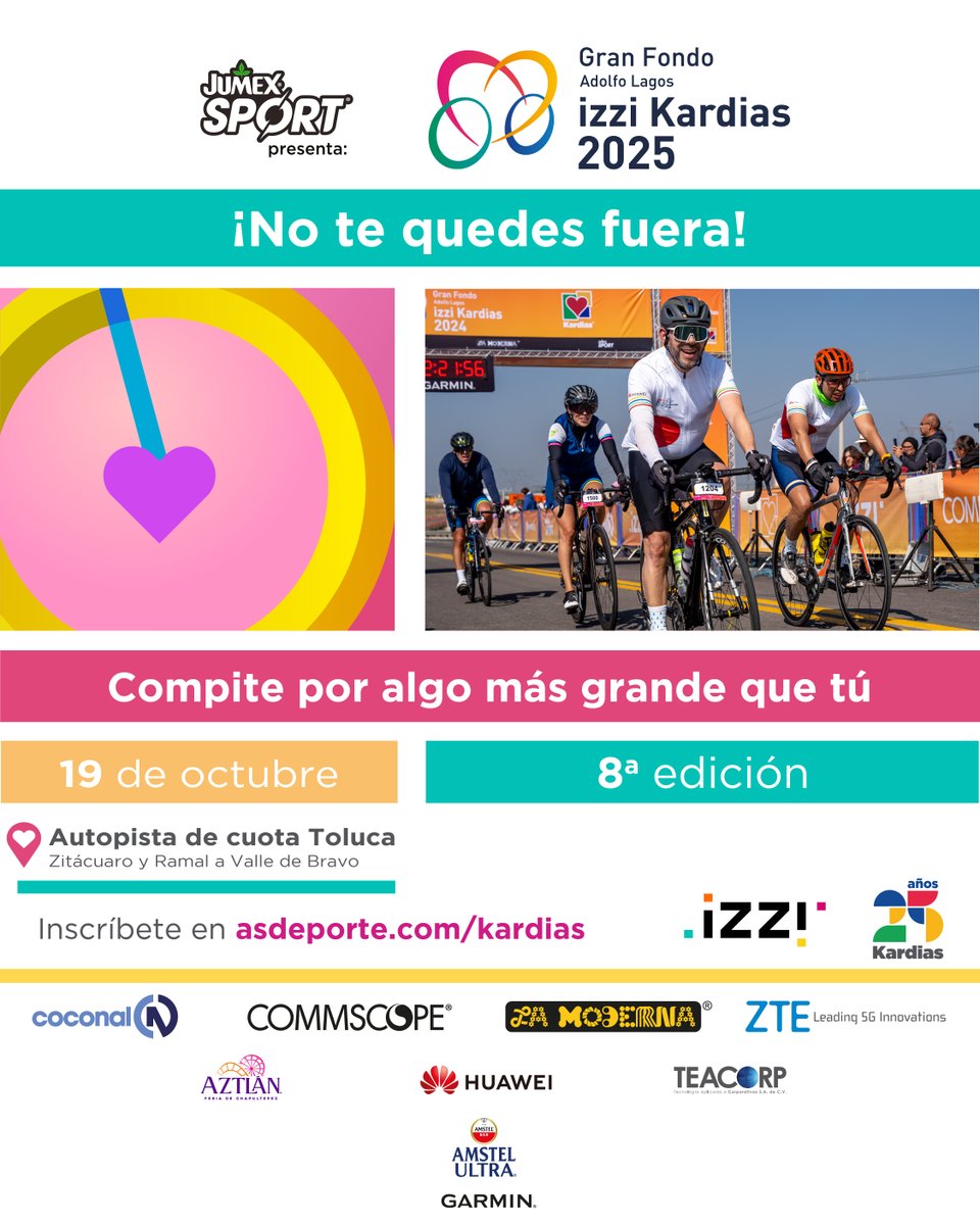 asdeporte (@asdeporte) on Twitter photo ¡El gran día se acerca!
No pierdas la oportunidad de competir por una buena causa y desafiar a la mejor ruta ciclista de México
📍Estado de México – Bodega La Moderna
📅 19 de octubre
👉 hubs.ly/Q03Gp2460
#GranFondoAdolfoLagos #izziKardias #TuAyudaLate ¡El gran día se acerca!
No pierdas la oportunidad de competir por una buena causa y desafiar a la mejor ruta ciclista de México
📍Estado de México – Bodega La Moderna
📅 19 de octubre
👉 hubs.ly/Q03Gp2460
#GranFondoAdolfoLagos #izziKardias #TuAyudaLate