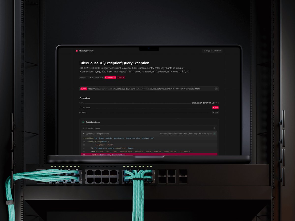 Taylor Otwell (@taylorotwell) on Twitter photo Tomorrow Laravel gets a brand new local exception page. Beautifully designed and coded by Nightwatch team members <a href="/jrmymbtlr/">Jeremy Butler</a> and <a href="/avosalmon/">Ryuta Hamasaki</a>.
It has a light mode too, but we'll save that for tomorrow. π Tomorrow Laravel gets a brand new local exception page. Beautifully designed and coded by Nightwatch team members <a href="/jrmymbtlr/">Jeremy Butler</a> and <a href="/avosalmon/">Ryuta Hamasaki</a>.
It has a light mode too, but we'll save that for tomorrow. π