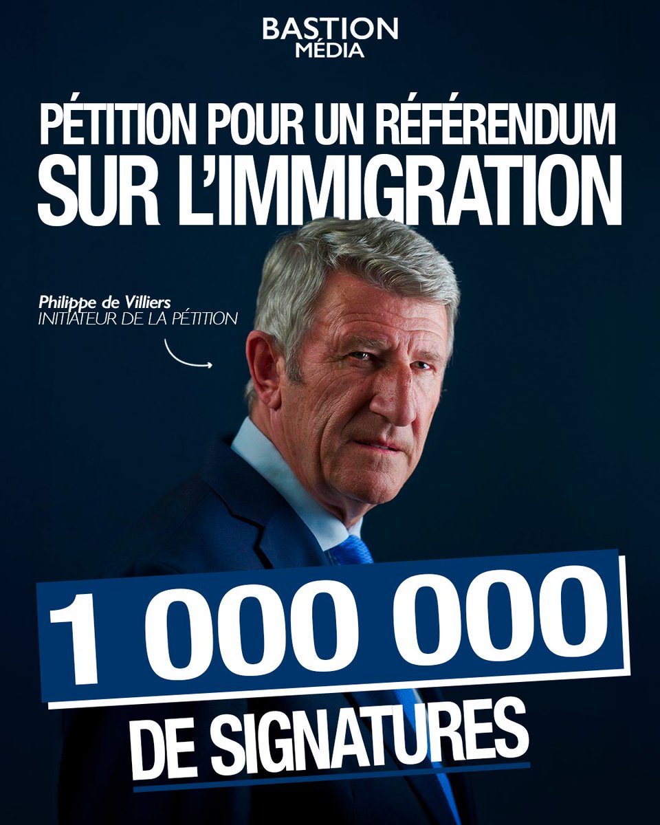 🚨🇫🇷 𝗔𝗟𝗘𝗥𝗧𝗘 𝗜𝗡𝗙𝗢 — La pétition pour un RÉFÉRENDUM sur l’IMMIGRATION lancée par Philippe de Villiers vient de dépasser le MILLION de signatures.

Un chiffre RECORD qui vise à mettre une pression directe sur Emmanuel Macron et à relancer le débat national.