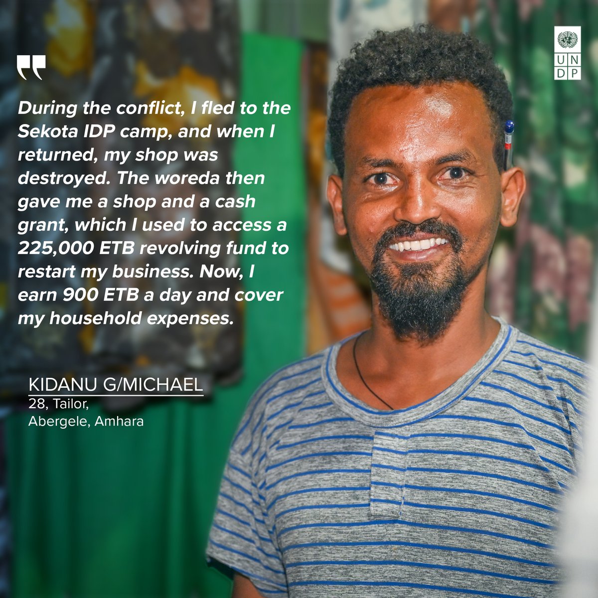 Kidanu’s tailoring business was destroyed, his love story on hold. Now, reunited with his wife &amp; supported by #PSF + local authorities (funded by <a href="/AA_stabilisiert/">🇩🇪 GER on Peace & Humanitarian Action</a> <a href="/JapanGov/">The Gov't of Japan</a> <a href="/DutchMFA/">Dutch Ministry of Foreign Affairs 🇳🇱</a>), he’s sewing again &amp; expanding.
Read the article👉 shorturl.at/cjMnI