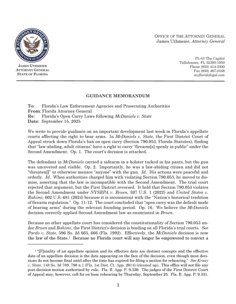 FLVoiceNews's tweet image. BREAKING: Open carry is the law of the state of Florida, officially