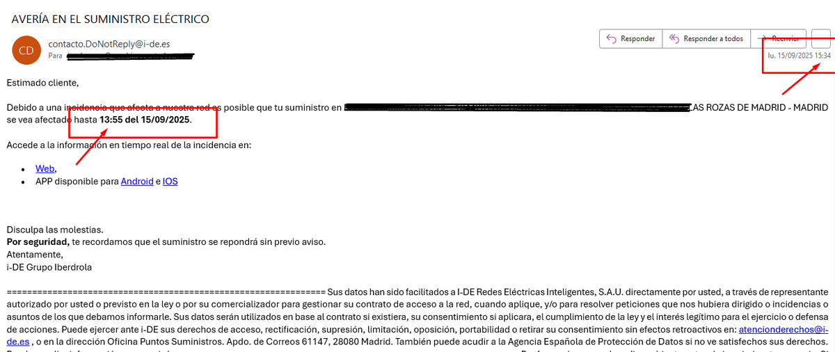 JoseBarroso's tweet photo. Hola @iberdrola , gracias por mandar por mail un aviso de corte de luz casi dos horas después de producirse (en efecto, a la hora prevista). Muy bien todo y tal https://t.co/GbWjJWxc84