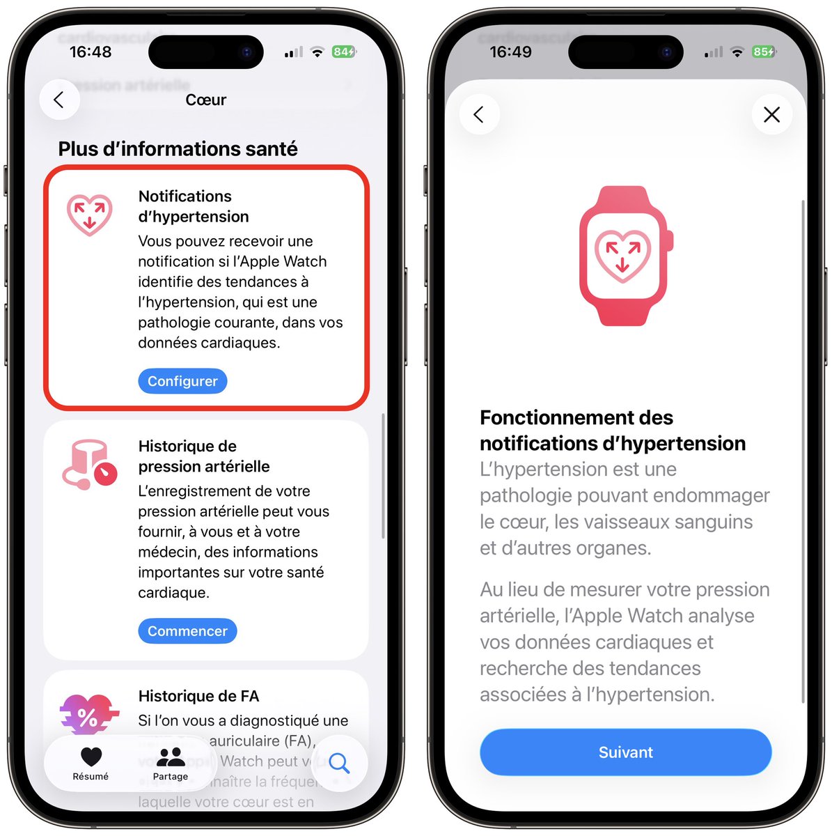 La détection d’hypertension est disponible en France.

Ça marche avec l’Apple Watch Séries 9, 10, 11 et Ultra 2.

À activer dans la section Cœur de l’app Santé.