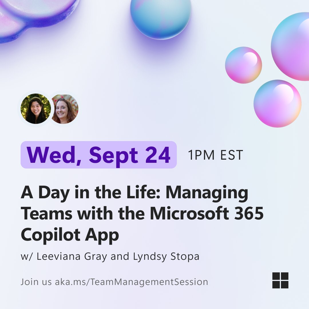 MicrosoftLoop's tweet image. Join us for an interactive session on how Microsoft 365 Copilot is transforming team management through real-world use cases. 
Discover how to: 
✨ Draft &amp;amp; plan with Copilot Pages
🧠 Synthesize with Notebooks
📊 Prioritize with data-driven insights

When: September 24, 2025 at…