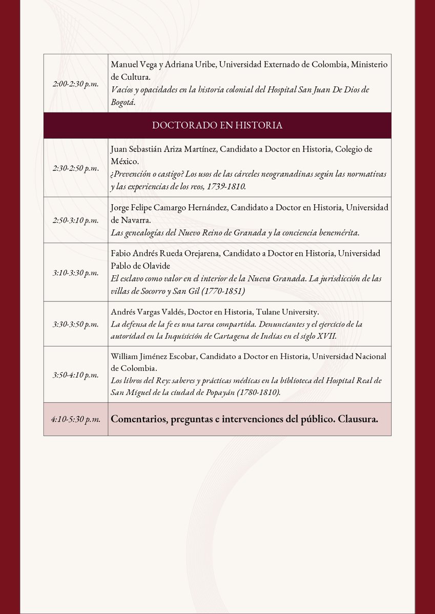 #DepHistoria| 🤓 ¡#SomosHistoria!

En el encuentro de jóvenes investigadores en Historia Colonial participarán varios de nuestros estudiantes y egresados presentado sus recientes investigaciones.

18-19 septiembre
Universidad del Rosario y Universidad Javeriana
9:00 am - 5:00 pm