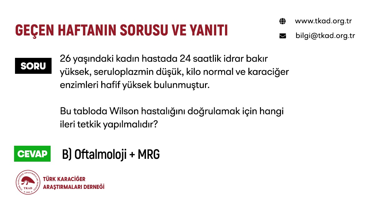 tkadorg's tweet photo. 26 yaşında kadın hasta, kronik yorgunluk & grade 2 steatoz
🔹 Seruloplazmin düşük
🔹 24 saatlik idrar bakır yüksek
🔹 Kilo normal
Hangi ileri inceleme gerekli?
B) Oftalmoloji + MRG ✅
Daha fazlası için bizi takip edebilirsiniz!
#TKAD #TürkKaraciğerAraştırmalarıDerneği https://t.co/q0TIFEbudC