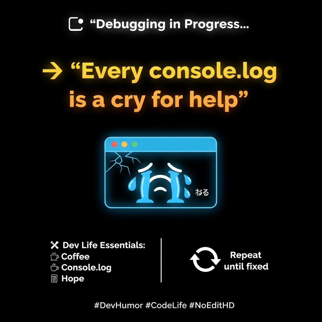 codewithabhiX's tweet image. &quot;Every console.log is just a silent scream for help. 😭
But hey, it works! What’s your go-to debugging trick? 👇
#DevHumor #CodeLife #NoEditHD