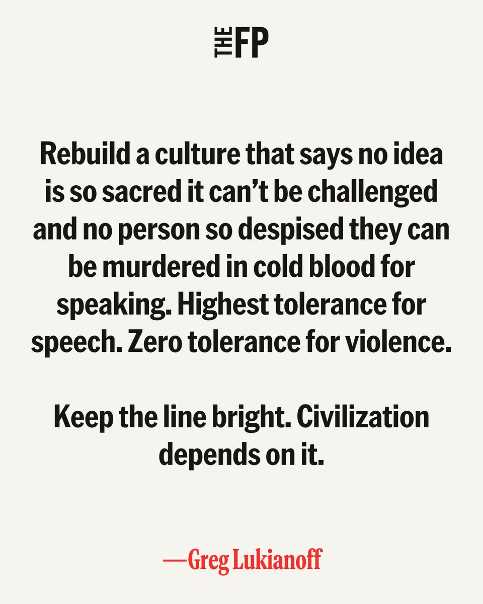 TheFP's tweet photo. "Free speech is not merely a favor for our friends—it is the best nonviolent technology humans have for solving our conflicts," writes @glukianoff. Read his full piece here: https://t.co/0OecgnTh4p https://t.co/YwbOsbcCox