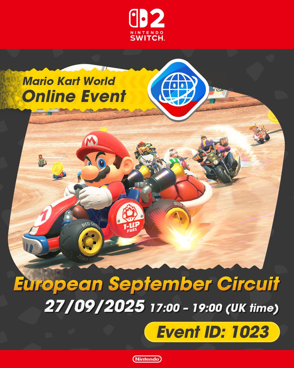 #MarioKartWorld racers, get ready – the first online event for Europe is coming!

🏁 European September Circuit
📆 Saturday, September 27th
🕔 17:00-19:00 (UK time)

Have you got what it takes to win?

Check out all the details here: ntdo.com/6018ARV52