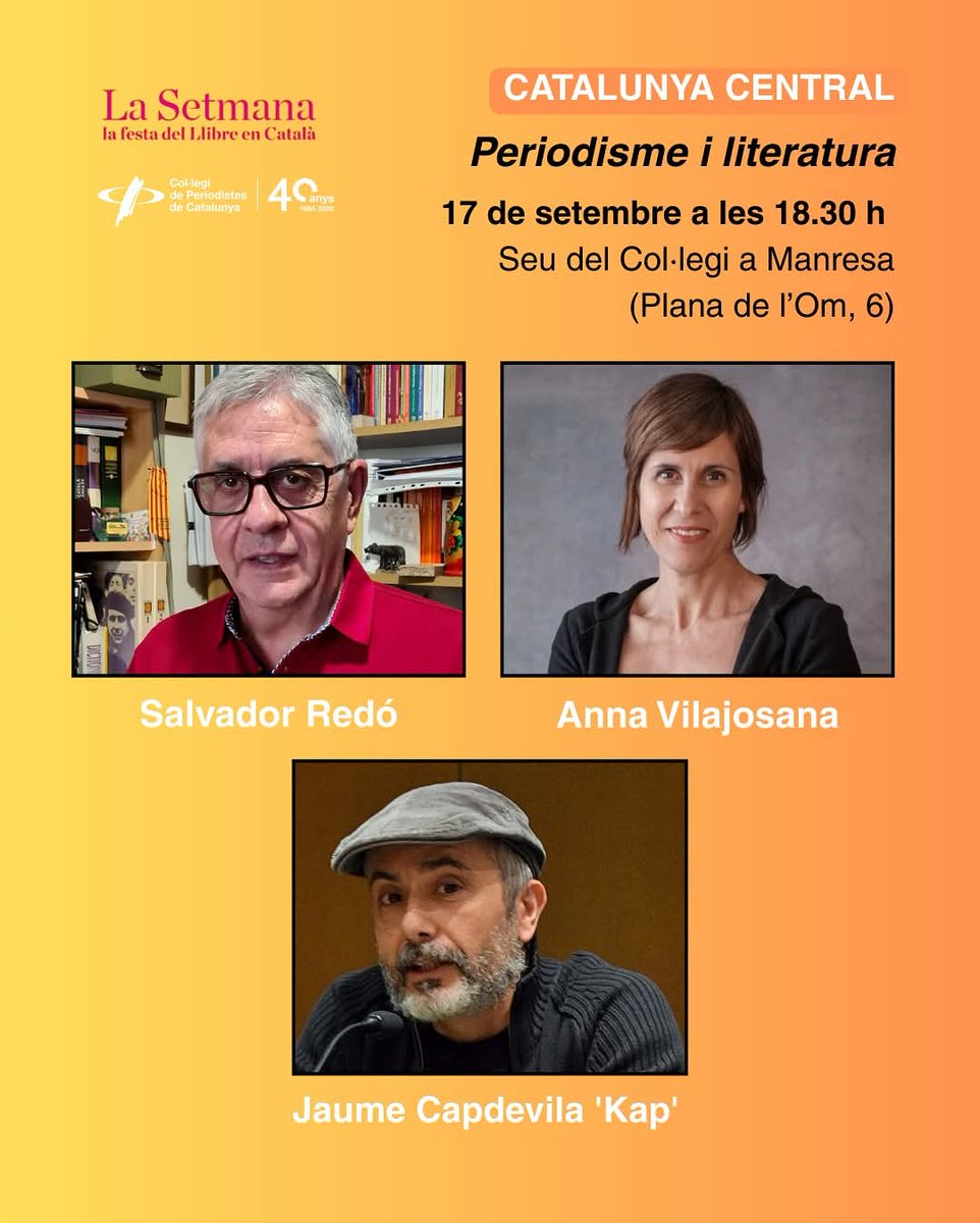 ✍️Us convidem a conèixer periodistes que també escriuen històries! Els periodistes Anna Vilajosana, Salvador Redó i el dibuixant Jaume Capdevila 'Kap' ens parlaran aquest dimecres a #Manresa de la relació entre literatura i periodisme... i molt més!👏