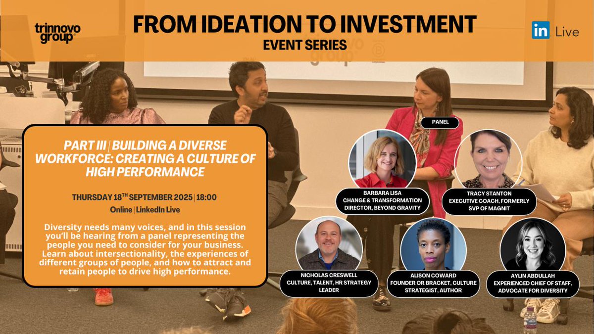 📢 Reminder: This Thursday!

Part III of ‘From Ideation to Investment’ is going virtual:
 “Building a Diverse Workforce &amp; Creating a Culture of High Performance.”

📌 Reserve your spot now: linkedin.com/posts/trinnovo…
#Webinar #Diversity #HighPerformance #PeopleStrategy