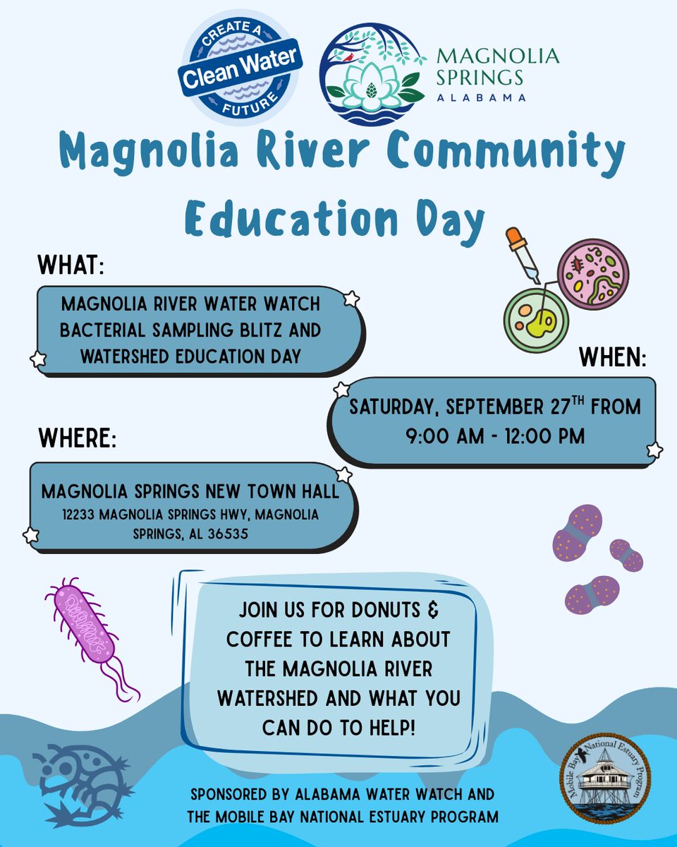 ✔𝐌𝐚𝐫𝐤 𝐲𝐨𝐮𝐫 𝐂𝐚𝐥𝐞𝐧𝐝𝐚𝐫𝐬🗓 for Saturday, September 27th, for the Magnolia River Water Watch Bacterial Sampling Blitz and Watershed Education Day!