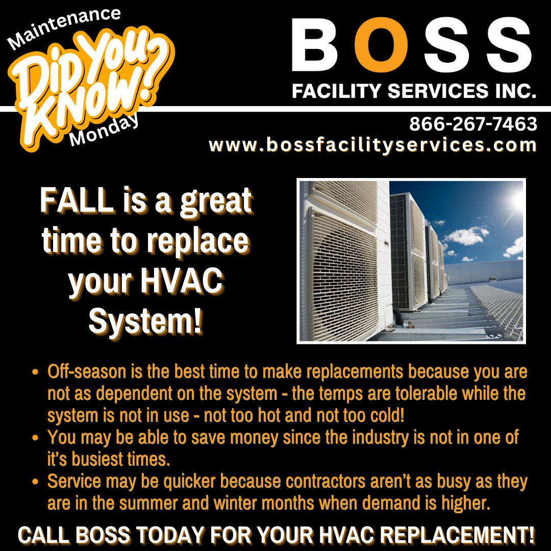 BOSSFSI's tweet image. Don&apos;t wait until the freezing winter weather arrives to replace your HVAC system. Fall is here and it&apos;s a great time to switch out your system. We can help! Call BOSS today - No job too big or small.
❄️ 🌞
#BOSS #BossFSI #HVAC