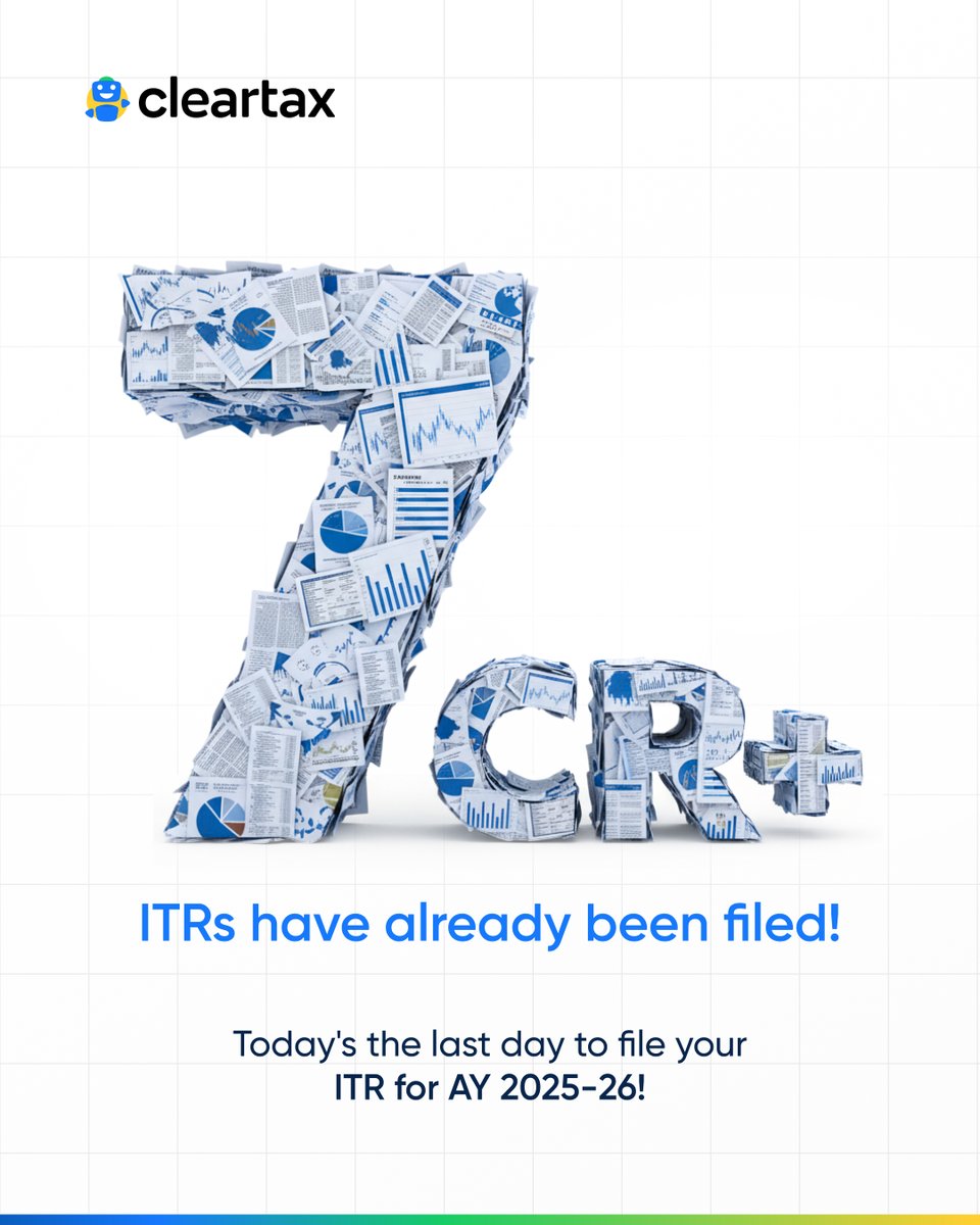 _cleartax's tweet image. Over 7 crore ITRs have been filed! This is your last chance to file your ITR for AY 2025-26 without any penalty.

File your ITR in just a few minutes: clr.tax/mjTBkRew

#FileNow #ITR #Deadline #ClearTax #INCOMETAXPORTAL #IncomeTax #incometaxreturn