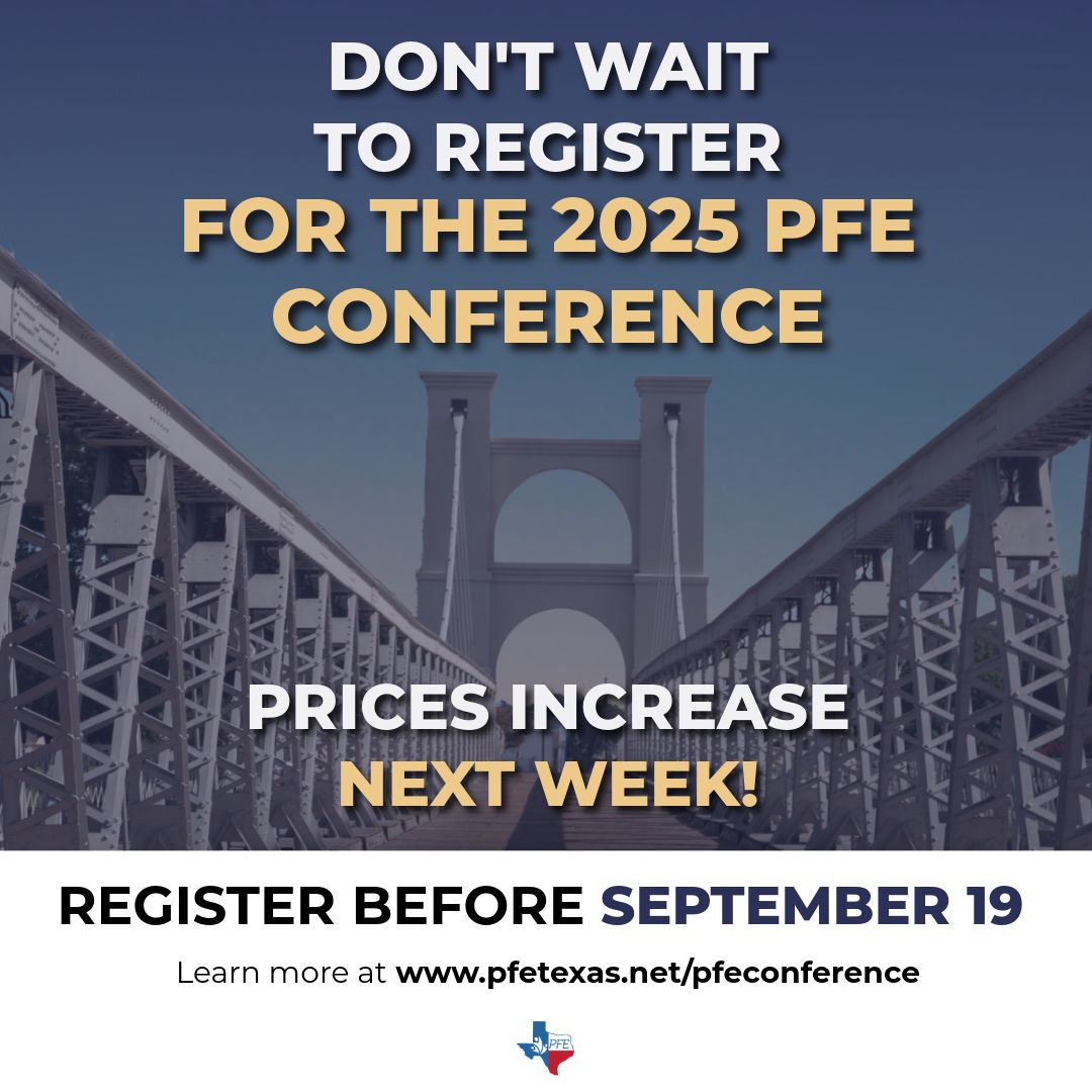 PFETexas's tweet image. Prices for the 2025 PFE Conference registration will go up NEXT WEEK! Get your registration in before September 19 and look forward to learning valuable tools for parent and family engagement! Register at pfetexas.net/pfeconference
