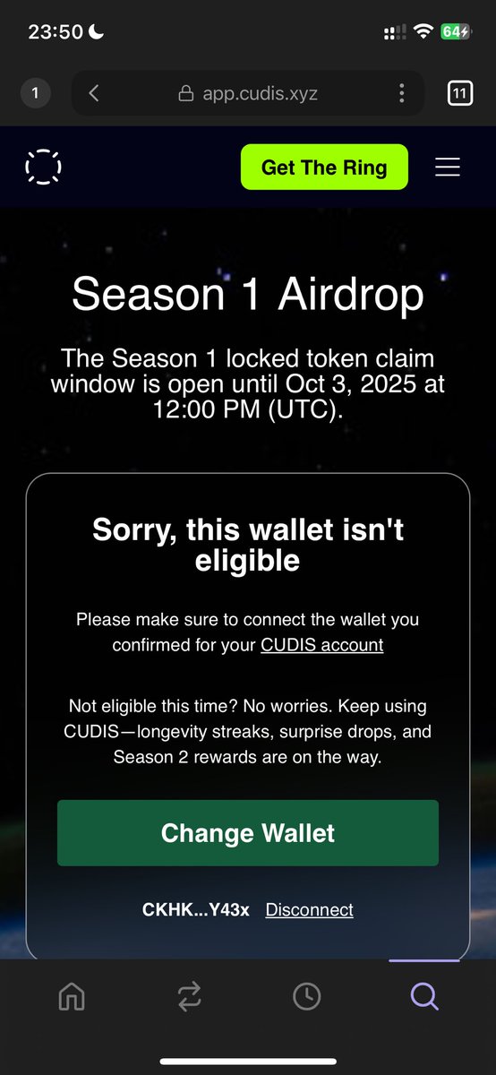 #CUDIS 
ずっと身に付けてたんだけどさ、ウォレット登録されてなかったみたいでさ…
もうseason2とか言われてもモチベーション下がる一方です。。。
自分が対象じゃないとわかった途端リングがガラクタに思えてくるから不思議だよね。