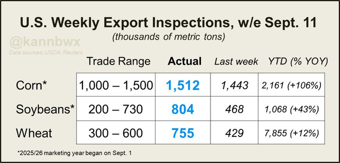 A table displaying U.S. weekly export inspections for corn, soybeans, and wheat, measured in metric tons. Columns show trade range, actual amounts, last week\'s figures, and year-to-date percentages. Corn data includes 1,000–1,500 range, 1,512 actual, 1,443 last week, 2,161 year-to-date with 108% increase. Soybeans show 200–730 range, 804 actual, 468 last week, 1,088 year-to-date with 43% increase. Wheat lists 300–600 range, 755 actual, 429 last week, 7,855 year-to-date with 12% increase. A watermark from @kannbwx is present.