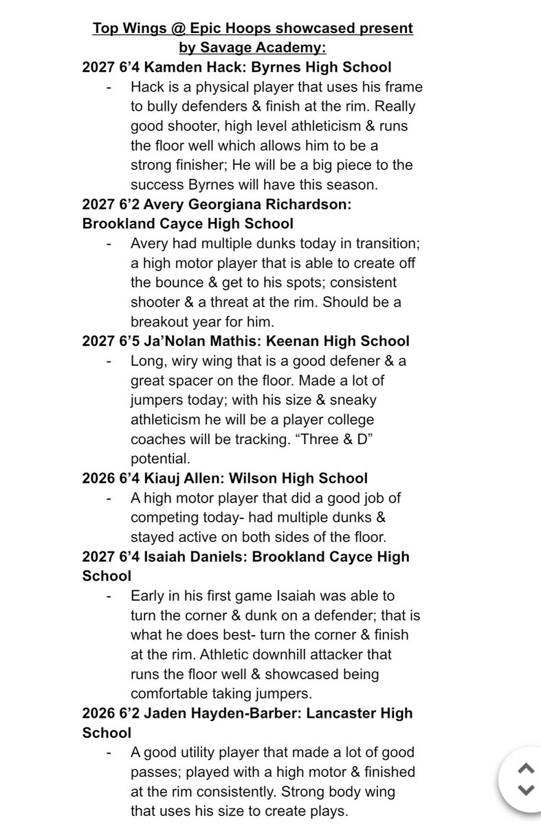 Savage Academy (@savagehoopssc) on Twitter photo Saturday, <a href="/Epic_Hoops/">E.P.I.C Hoops</a> was loaded @ the wing position - take a look at some players that stood out to me.
<a href="/KamdenHack/">Kamden Hack</a> <a href="/Averyb_gr/">Avery Georgiana-Richardson</a> <a href="/keenanhoops/">Keenan Basketball</a> <a href="/_wilsonmbb/">Wilson Tigers MBB</a> <a href="/KiaujAllen/">Kiauj “ KJ” Allen</a> <a href="/BCBearcatsBBall/">Brookland-Cayce Boys Basketball</a> <a href="/coachdavis1997/">Larry Davis</a> <a href="/IsaiahDaniels27/">Isaiah Daniels</a> <a href="/CoachCauthen/">Lancaster Bruins Basketball</a> Saturday, <a href="/Epic_Hoops/">E.P.I.C Hoops</a> was loaded @ the wing position - take a look at some players that stood out to me.
<a href="/KamdenHack/">Kamden Hack</a> <a href="/Averyb_gr/">Avery Georgiana-Richardson</a> <a href="/keenanhoops/">Keenan Basketball</a> <a href="/_wilsonmbb/">Wilson Tigers MBB</a> <a href="/KiaujAllen/">Kiauj “ KJ” Allen</a> <a href="/BCBearcatsBBall/">Brookland-Cayce Boys Basketball</a> <a href="/coachdavis1997/">Larry Davis</a> <a href="/IsaiahDaniels27/">Isaiah Daniels</a> <a href="/CoachCauthen/">Lancaster Bruins Basketball</a>
