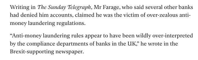 nw_nicholas's tweet photo. Why on earth would banks deny Farage an account because of fears over money laundering? https://t.co/cMGzTrKMxd
