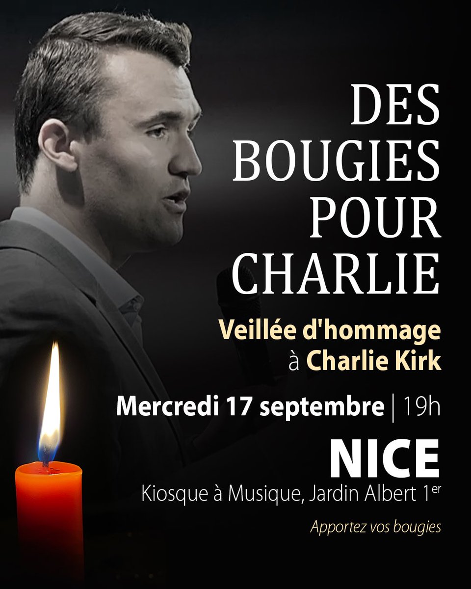 🕯Une semaine après l'assassinat de <a href="/charliekirk11/">Charlie Kirk</a>, venez rendre hommage à son courage.

Il était l'homme de la droite fière, celle qui ne baisse pas les yeux, qui ne cède pas aux injonctions de la gauche, celle qui avance malgré les menaces... Jusqu'au bout.

🗓Mercredi 17