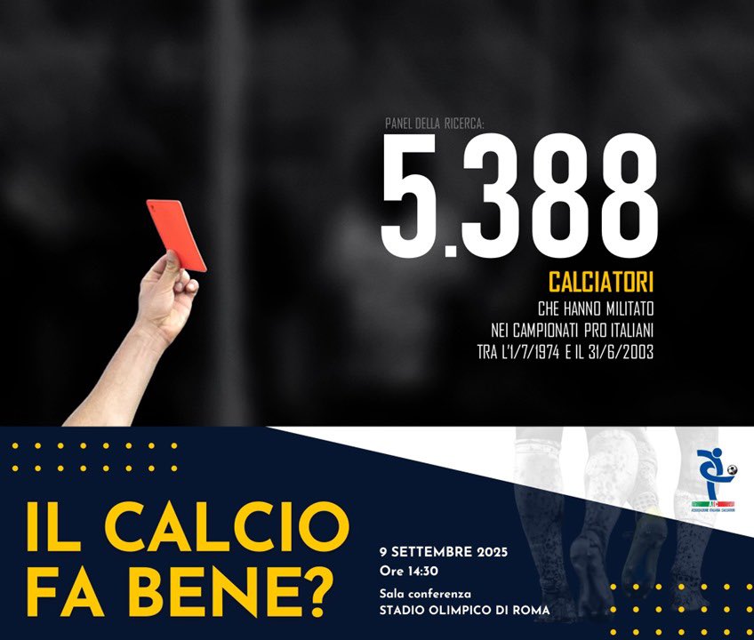 ⚽️ IL CALCIO FA BENE ... AI CALCIATORI?

📰AIC ha pubblicato uno studio sul tema.

📈Lo studio (+5.000 ex calciatori pro) evidenzia che tra i calciatori si registra una mortalità del 50% più bassa rispetto alla popolazione pari età e pari sesso.

Nelle slide i dati per categoria.