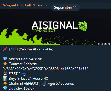 AISIG WIN 
$YETI 
FIRST MC: 428.5k
ATH: 12.02M
GAIN: (28x) 2800% 

<a href="/AiSignalBot/">AI Signal bot | $AISig</a> <a href="/aibasebot/">AiBase</a> <a href="/dragonpro_ai/">dragonpro</a>