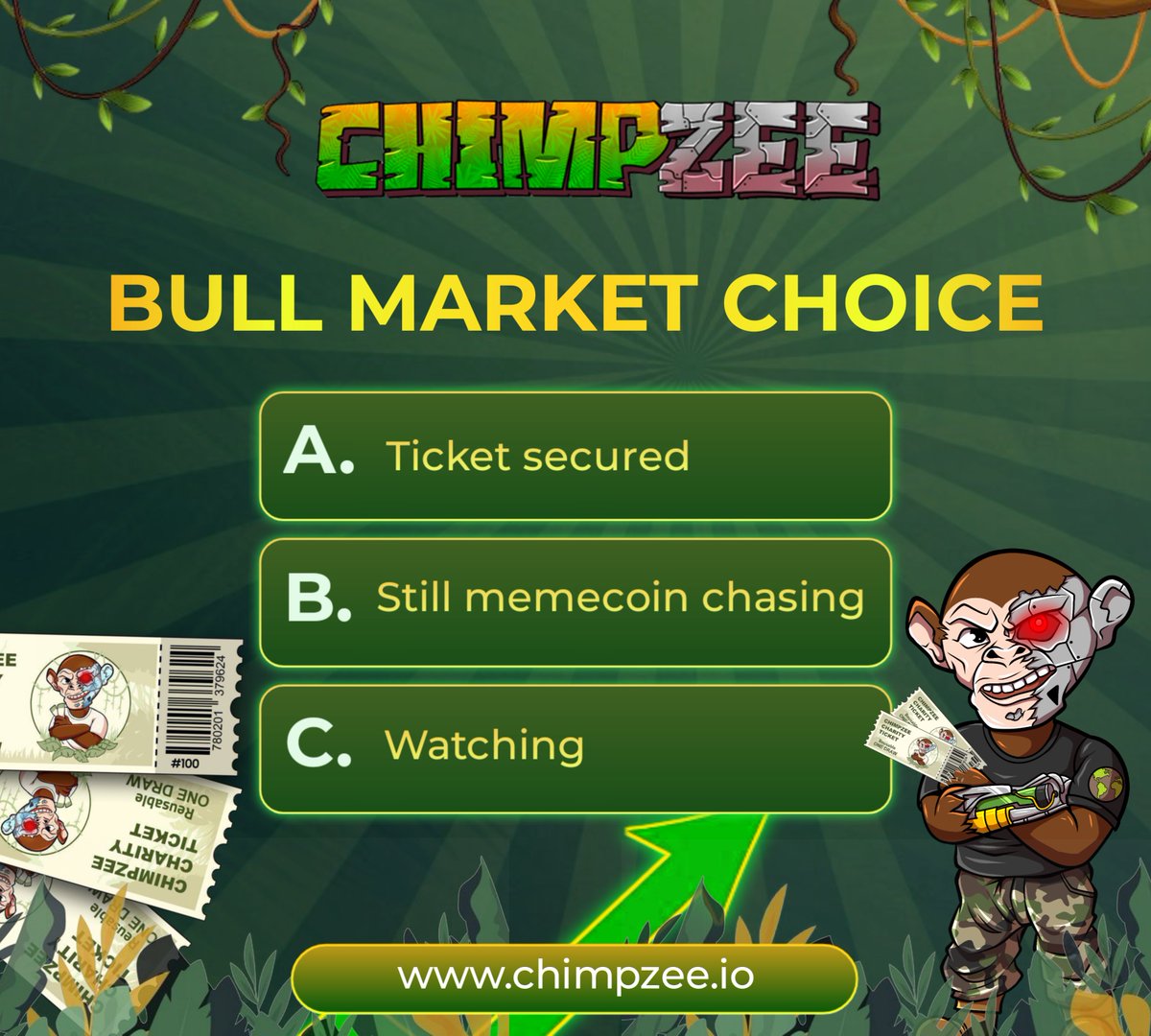 officialchimpz's tweet photo. The Bull market’s electric!
$50 Charity Ticket = SOL raffles + trees. You in?
A) Ticket secured
B) Still memecoin chasing
C) Watching.
Vote & share your bull run spark! https://t.co/NvJPRbNooE
#BullMarketChimp https://t.co/FchAvY4zgH