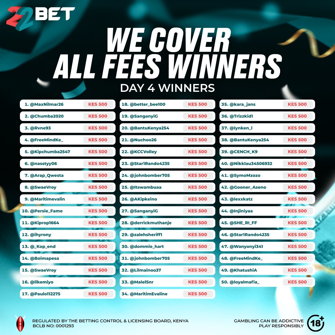 22bet_ke's tweet photo. #22betCoverAllFees! 🥳

Congratulations to our Day 4 winners! 🎊🎊

All payments have been processed 💸
If you haven’t received yours yet, tafadhali kuwa na subira, it will reflect soon.

Day 5⃣ winners will be announced soon! 🔥 https://t.co/IXF4dlfF3o